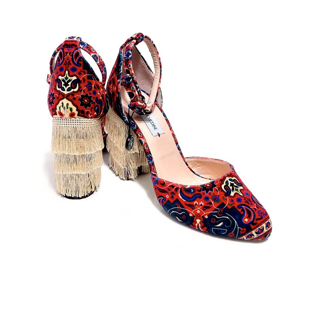Leandra Medine Batik Print Fringe d’Orsay Pumps Women 38 EU - Picture 7 of 9